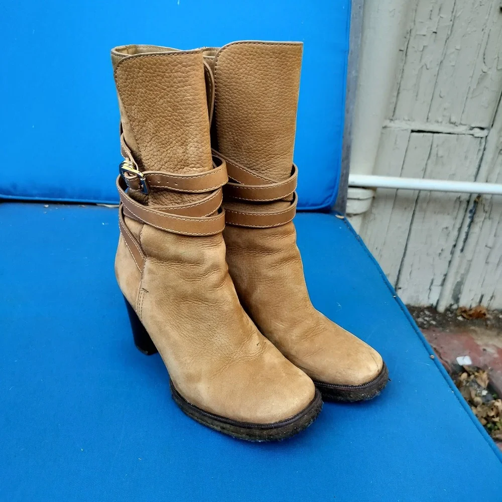 Tory Burch Tan‎ Suede Leather Strappy Buckle Block Heel Ankle Boots